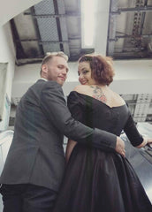 Black Off Shoulders Vintage Style Short Wedding Dress with Sleeves for Older Brides,20111554-Dolly Gown