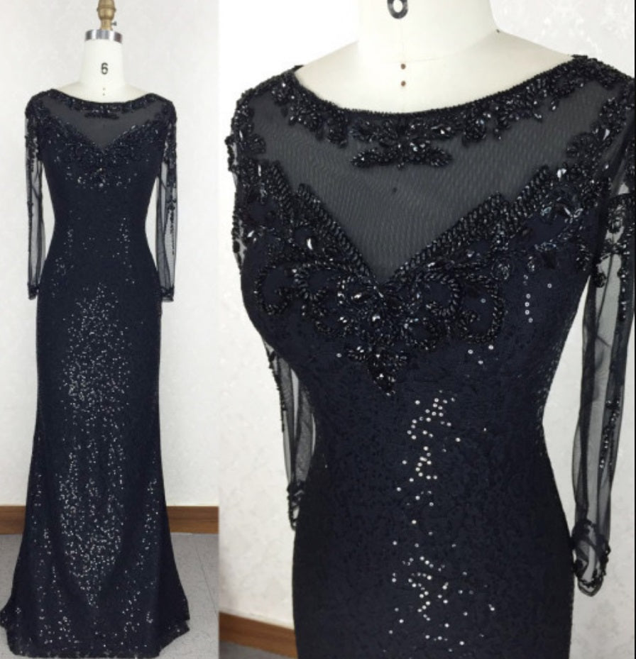 Black Sequins Tight Evening Dress Prom Dress with Sleeves -DollyGown