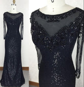 Black Sequins Tight Evening Dress Prom Dress with Sleeves -DollyGown