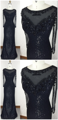 Black Sequins Tight Evening Dress Prom Dress with Sleeves -DollyGown