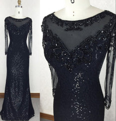 Black Sequins Tight Evening Dress Prom Dress with Sleeves -DollyGown