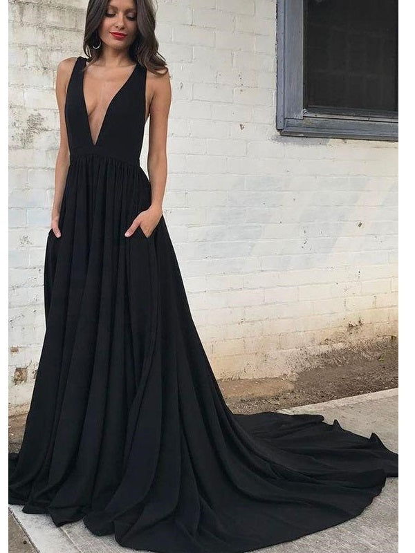 Black Backless Plunge V Neck A-line Prom Occasion Dress with Chapel Train
