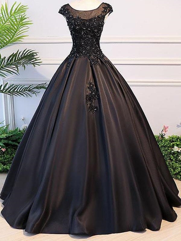 Black Ball Gown Illusion Neck Cap Sleeves Prom Dress,Graduation Ball Gown,GDC1233-Dolly Gown