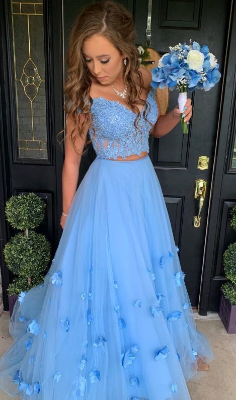 Blue Pretty Off the Shoulder Lace Two Piece Long Prom Dress with 3D flowers,20082201-Dolly Gown
