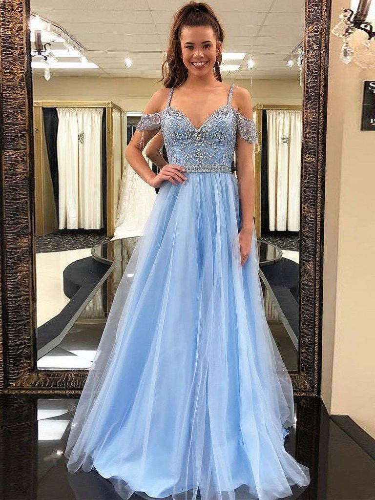 Blue Formal Sweet 16 Graduation Long Tulle Prom Dress with Delicate Beading