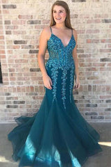Blue Organza Lace Appliques Mermaid See Through Prom Dress Formal Dress,GDC1256-Dolly Gown
