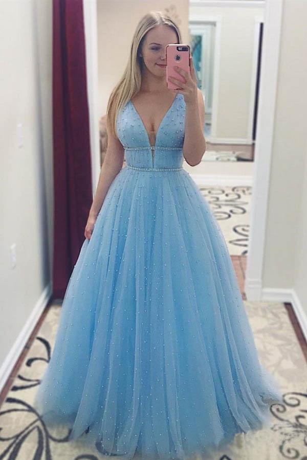 Blue Tulle Plunge V neck Occasion Prom Dress with scattering Beading ,GDC1243-Dolly Gown