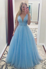 Blue Tulle Plunge V neck Occasion Prom Dress with scattering Beading ,GDC1243-Dolly Gown
