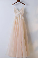 Blush Lace Top Spaghetti Straps A line Tulle Prom Dress Graduation Dress,GDC1114-Dolly Gown