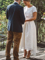 Bohemian Short Sleeves Lace Two Piece Hi-Lo Crop Top Wedding Dress,20081509-Dolly Gown