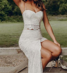 Boho Country Style Summer Lace Two Piece Spaghetti Straps Bridal Separates with Slit,20082692-Dolly Gown