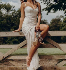 Boho Country Style Summer Lace Two Piece Spaghetti Straps Bridal Separates with Slit,20082692-Dolly Gown