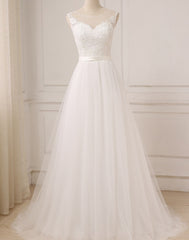 Boho Jewel Neck Tulle A-Line Lace Top Wedding Dress Flowy Summer Beach Wedding Dress #21011212-Dolly Gown