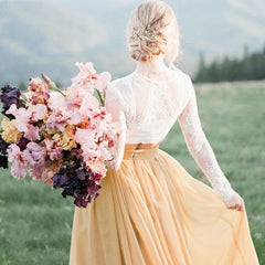 Boho Long Sleeve High Neck Bridal Separates with Yellow Separate Skirt,20082669-Dolly Gown