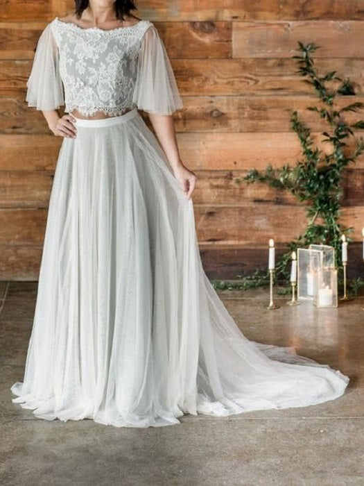 Boho Rustic Crop Top Two Piece Wedding Dress with tulle Skirt