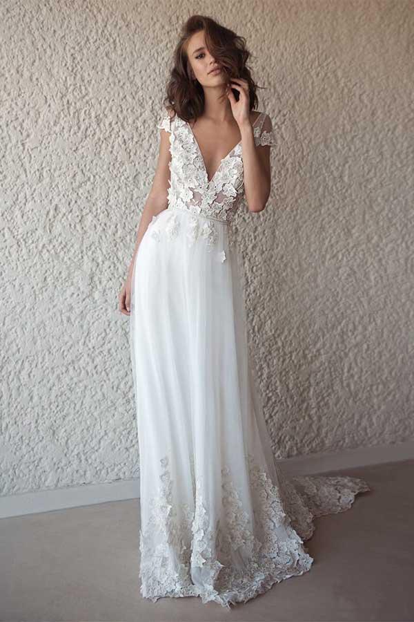 Boho Flowy See Through 3D Lace Appliques Summer Wedding Dress,GDC1280-Dolly Gown