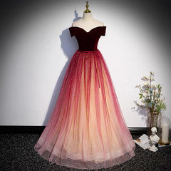 Burgundy Fairytale Off Shoulders Gradient Prom Dress -DollyGown