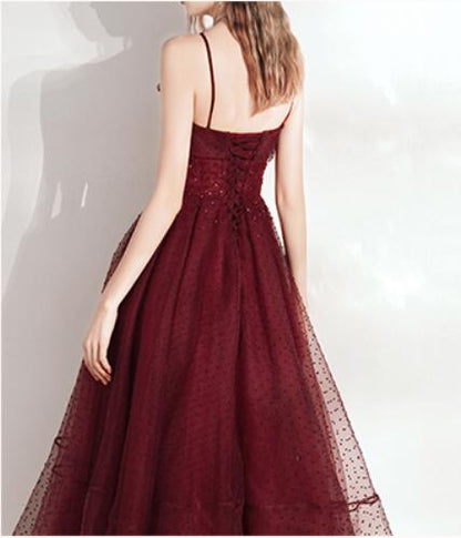 Burgundy Polka Dot Tea Length Prom Dress Wedding Dress - DollyGown