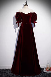 Burgundy Velvet Prom Dress with Bubble Sleeves - Dollygown