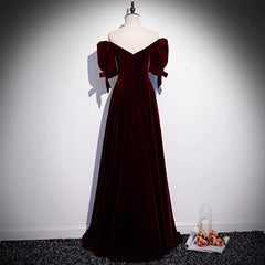 Burgundy Velvet Prom Dress with Bubble Sleeves - Dollygown