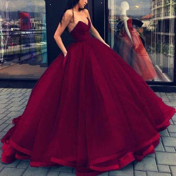 Burgundy Ball Gown Tulle Strapless Prom Dress with Satin Binding Hem,GDC1178-Dolly Gown