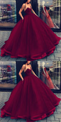 Burgundy Ball Gown Tulle Strapless Prom Dress with Satin Binding Hem,GDC1178-Dolly Gown
