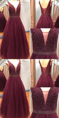 Classy Burgundy Plunge V neck Tulle Puffy Prom Dress, GDC1173-Dolly Gown