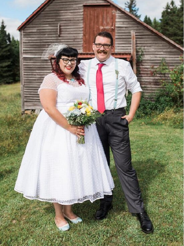 Cap Sleeved Country Style 50s Polka Dots Tea Length Wedding Dress for Plus Size Lady,20101610-Dolly Gown