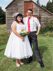 Cap Sleeved Country Style 50s Polka Dots Tea Length Wedding Dress for Plus Size Lady,20101610-Dolly Gown