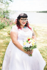 Cap Sleeved Country Style 50s Polka Dots Tea Length Wedding Dress for Plus Size Lady,20101610-Dolly Gown