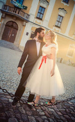 Cap Sleeved Short Country Style Wedding Dress, 50s Style Tea Length Wedding Dress,20110947-Dolly Gown