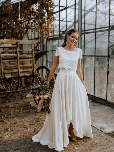 Cap Sleeves Lace Bridal Separates | Crop Top Two Piece Wedding Dress with  Hi-Lo Chiffon Skirt