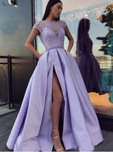 2019 Cap Sleeves Jewel Neck Side Slit Prom Dress with Beading Bodice,GDC1103 - DollyGown