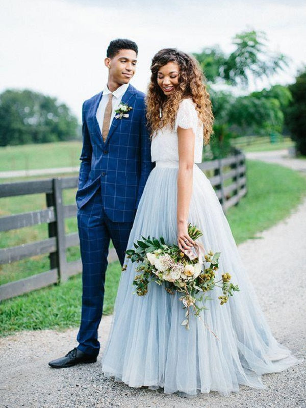 Casual Country Style Lace Top Two Piece Wedding Dress with Tulle Skirt Bridal Separates,20082221-Dolly Gown