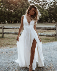 Casual Flowy Boho Wedding Dress with Side Slit - DollyGown