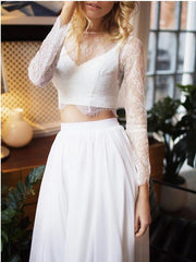 Casual Flowy Long Sleeve Beach Two Piece Bridal Separates with Chiffon Skirt,20082217-Dolly Gown