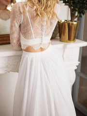 Casual Flowy Long Sleeve Beach Two Piece Bridal Separates with Chiffon Skirt,20082217-Dolly Gown