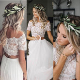 Casual Flowy Short Sleeve Lace Crop Top Two Piece Wedding Dress Bridal Separates,20082205-Dolly Gown