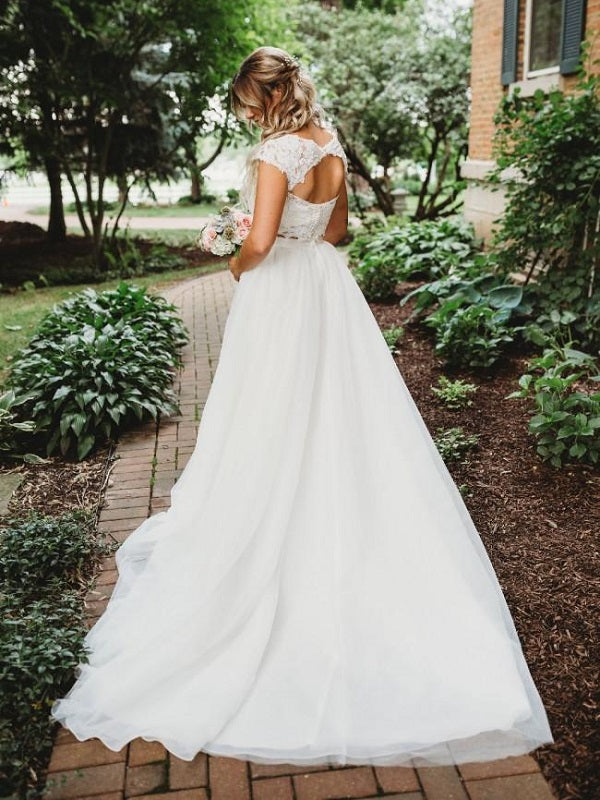 Casual Open Back Lace Top Two Piece Chiffon Skirt Flow Wedding Dress Separates,20082222-Dolly Gown