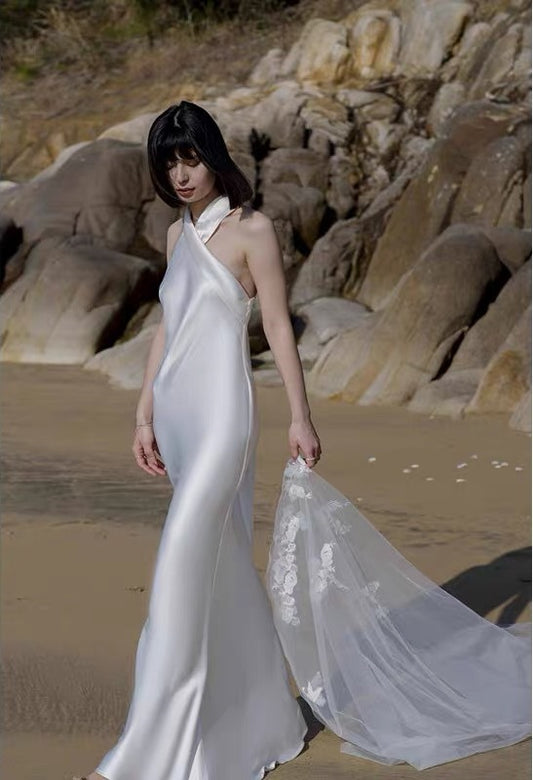 Casual Simple Silk Fitted Wedding Dress for Summer Wedding - DollyGown