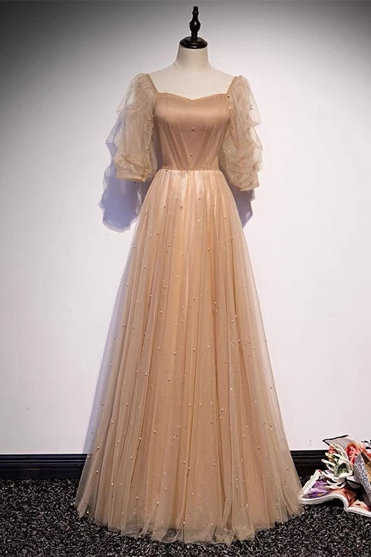 Champagne Flowy Prom Dress with Sleeves - DollyGown
