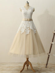 Champagne Tea Length Wedding Dress Tea Length Bridal Gown 50s Style Wedding Dress,WS068-Dolly Gown