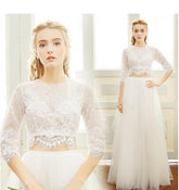 Two Piece Wedding Dress Boho, Bridal Separates Long Sleeve Lace Top,20082225