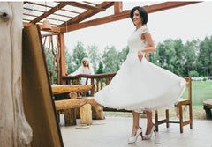 Cheap Rockabilly Tea Length Lace Wedding Dresses for Older Brides,20111551-Dolly Gown