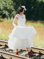 Cheap Rockabilly Tea Length Lace Wedding Dresses for Older Brides,20111551-Dolly Gown