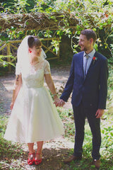 Cheap Short Sleeve Vintage Tea Length Wedding Dress,20111655-Dolly Gown