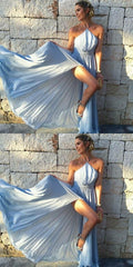 Flowy Prom Dresses,Blue Prom Dress with Slit,Simple Occasion Dress,GDC1147-Dolly Gown