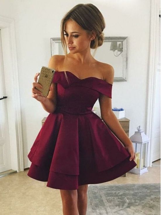Off Shoulders Burgundy Mini Homecoming Dress with Double Layers Skirt