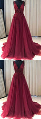 Cheap Red Prom Dress Tulle Lace Appliques V neck Prom Gown Wedding Party Dress,18021605-Dolly Gown