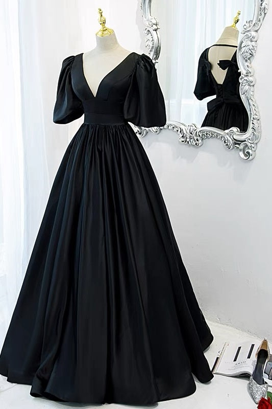 Classy Black Prom Dress Formal Dress with Bubble Sleeves - DollyGown